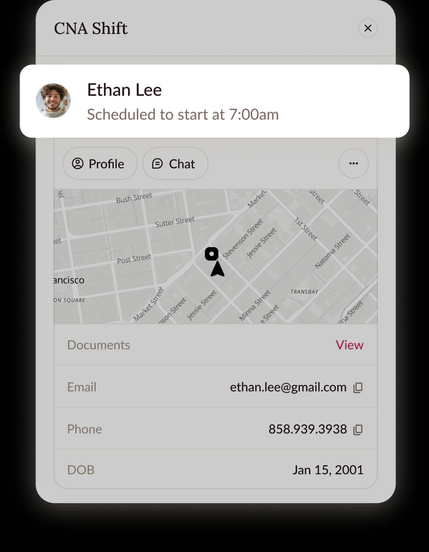 Clipboard app showing a matched worker's profile and details